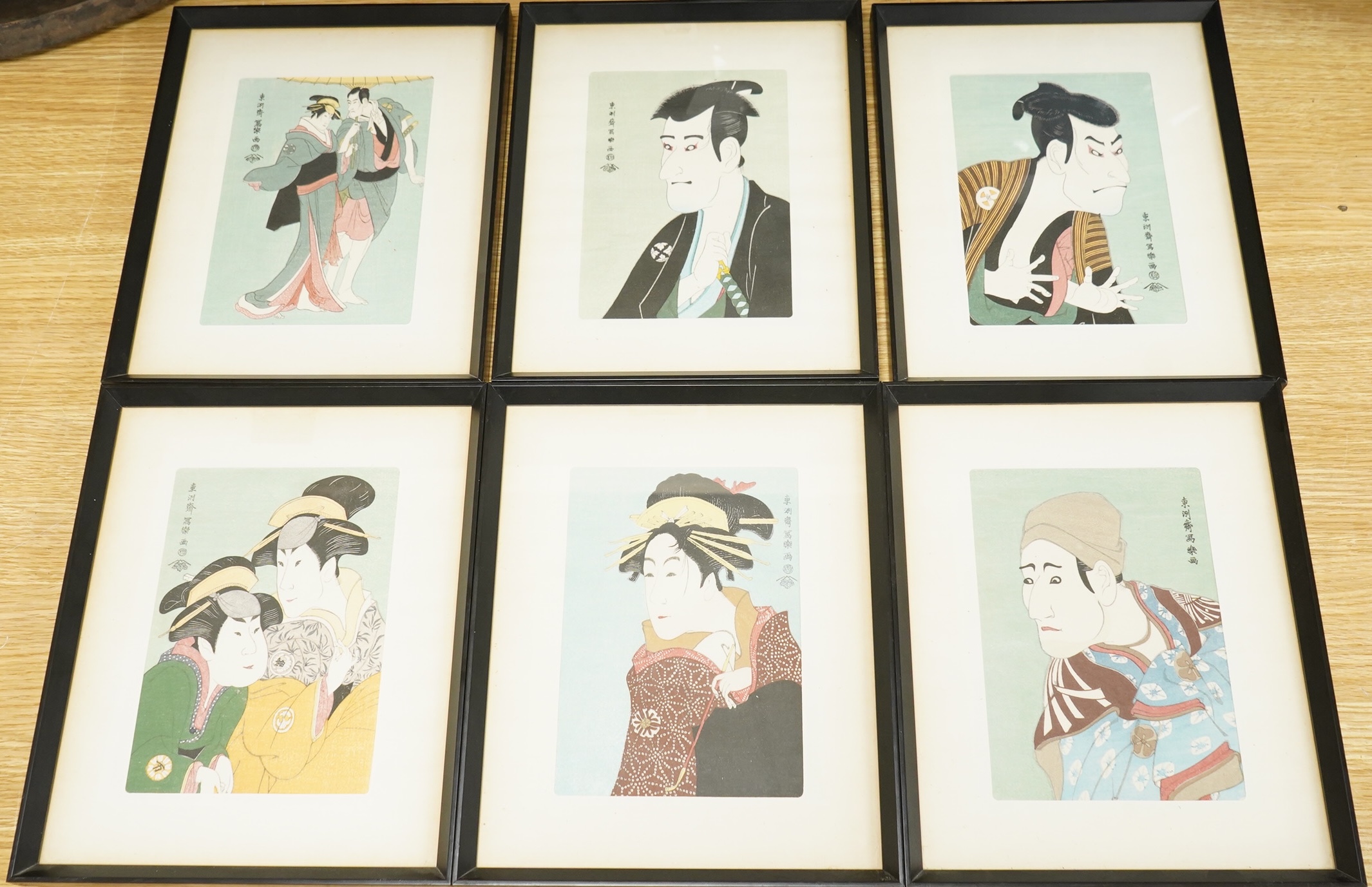 After Toshusai Sharaku (1770-1825), 'Masterpieces by Sharaku', set of six Japanese woodcut prints, 17.5 x 12cm